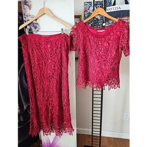 90s Vintage Silken Poetry Red Silk Beaded Soutache Lace Top Maxi Skirt Set Sz L